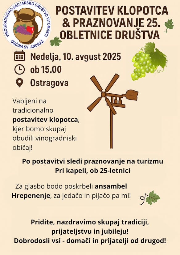POSTAVITEV KLOPOTCA IN PRAZNOVANJE 25.OBLETNICE DRUŠTVA; nedelja, 10. avgust 2025 ob 15. uri, Ostragovo-Drbetinci